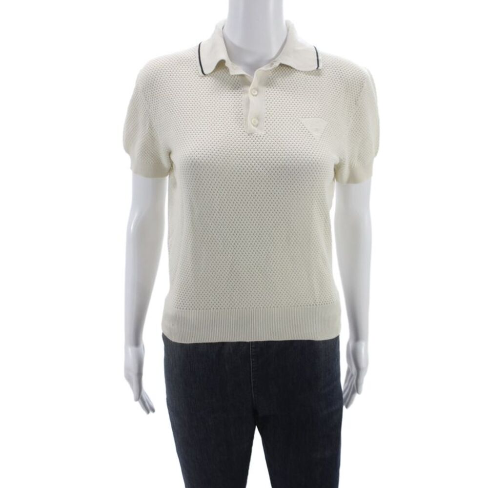 Prada Womens Cropped Ringer Polo Collared Short Sleeve Beige Tencel Size 46